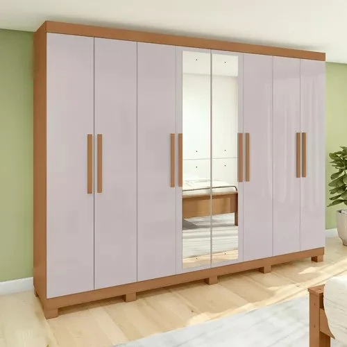 Guarda-roupa Casal Easy Slim 8 Portas C/ Espelho e Pés Amendoa/Off